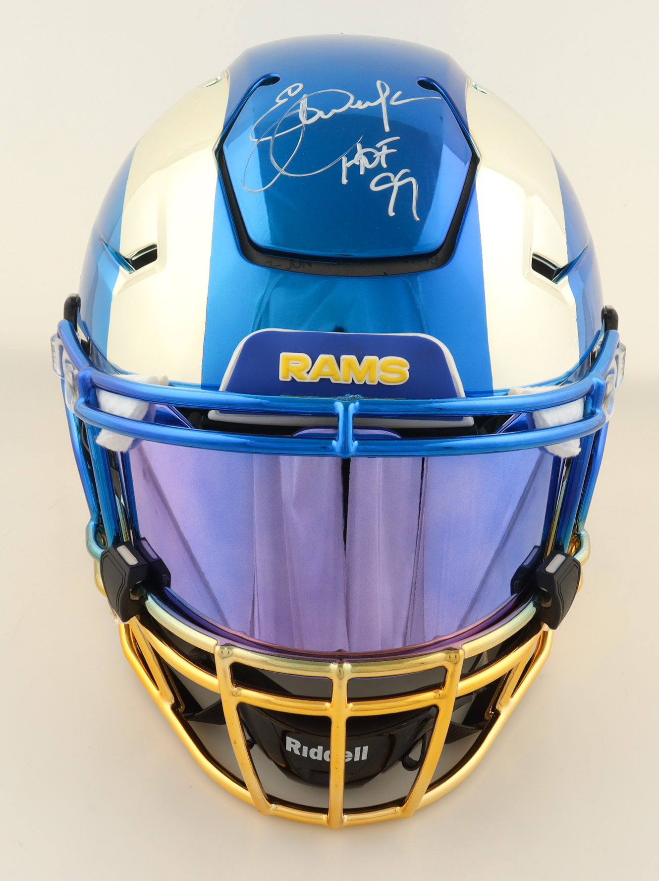 Eric Dickerson Signed Rams Full-Size Authentic On-Field Chrome Custom Speedflex Helmet with Visor Inscribed "HOF 99" (Beckett) at PristineAuction.com Eric Dickerson Signed Rams Full-Size Authentic On-Field Chrome Custom Speedflex Helmet with Visor Inscribed "HOF 99" (Beckett) at PristineAuction.com