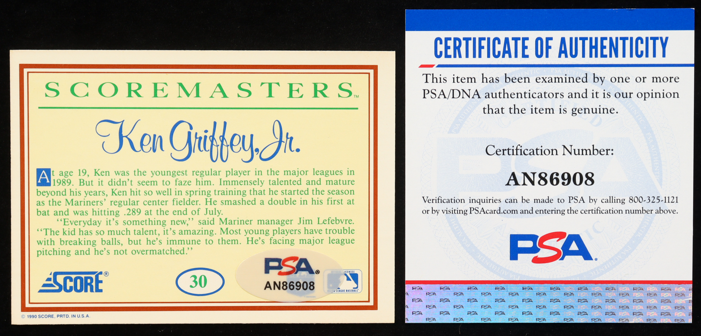 Ken Griffey Jr. Signed Mariners 1990 Score Scoremasters #30 with Plaque (PSA) at PristineAuction.com Ken Griffey Jr. Signed Mariners 1990 Score Scoremasters #30 with Plaque (PSA) at PristineAuction.com