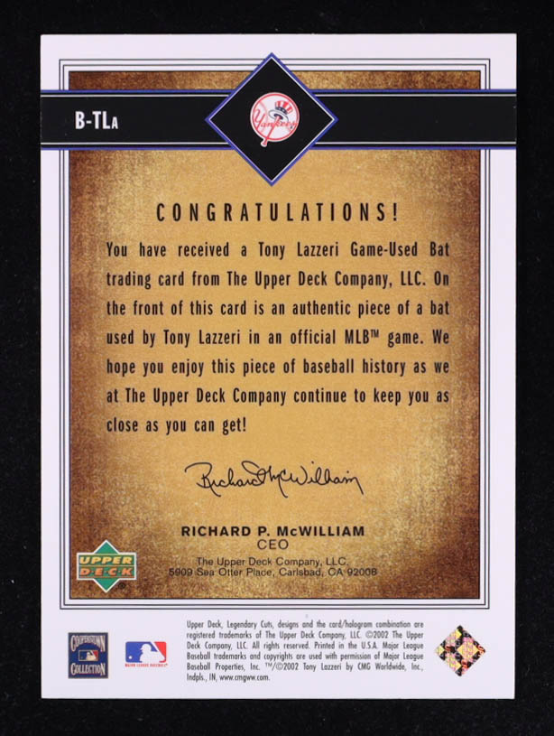 Tony Lazzeri 2002 SP Legendary Cuts Game Bat #BTLA at PristineAuction.com Tony Lazzeri 2002 SP Legendary Cuts Game Bat #BTLA at PristineAuction.com