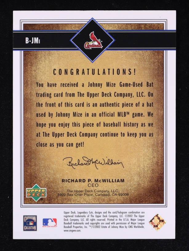 Johnny Mize 2002 SP Legendary Cuts Game Bat #BJMI at PristineAuction.com Johnny Mize 2002 SP Legendary Cuts Game Bat #BJMI at PristineAuction.com