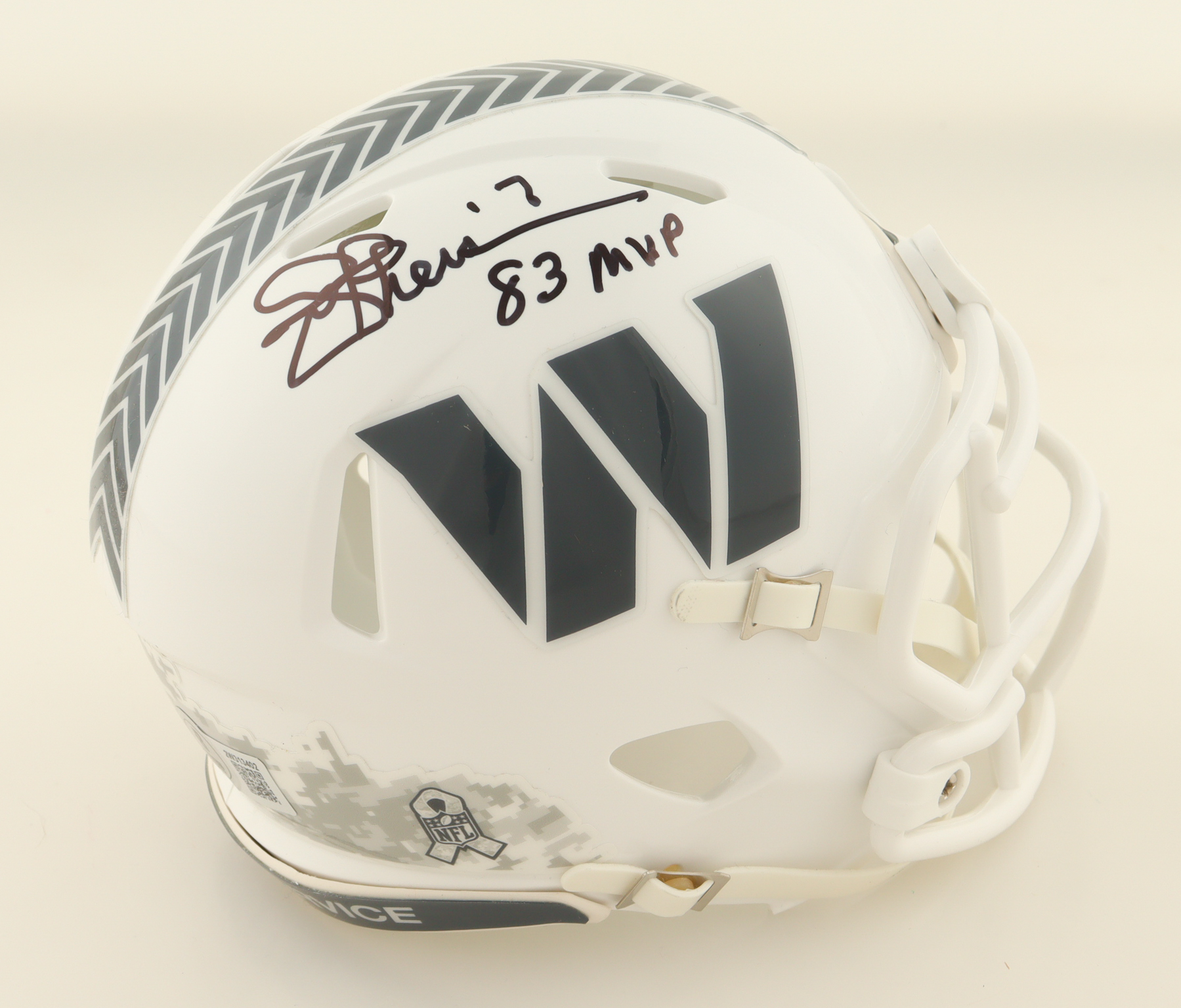 Joe Theismann Signed Commanders Salute To Service Alternate Speed Mini Helmet Inscribed "83 MVP" (Beckett) at PristineAuction.com Joe Theismann Signed Commanders Salute To Service Alternate Speed Mini Helmet Inscribed "83 MVP" (Beckett) at PristineAuction.com