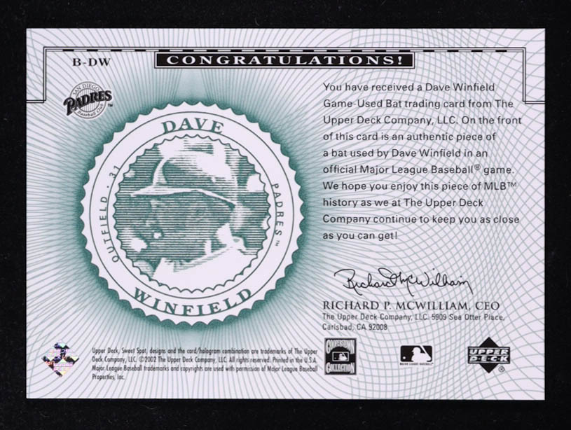Dave Winfield 2002 Sweet Spot Classics Game Bat #BDW DP at PristineAuction.com Dave Winfield 2002 Sweet Spot Classics Game Bat #BDW DP at PristineAuction.com
