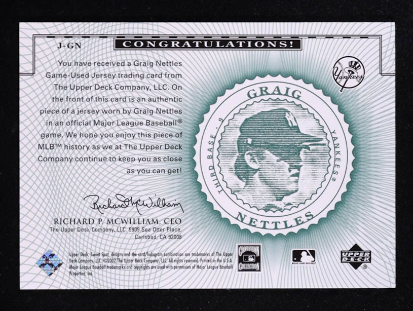 Graig Nettles 2002 Sweet Spot Classics Game Jersey #JGN at PristineAuction.com Graig Nettles 2002 Sweet Spot Classics Game Jersey #JGN at PristineAuction.com