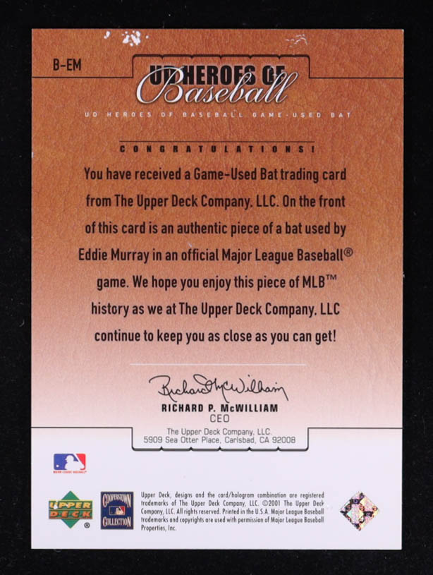 Eddie Murray 2001 Upper Deck Prospect Premieres Heroes of Baseball Game Bat #BEM at PristineAuction.com Eddie Murray 2001 Upper Deck Prospect Premieres Heroes of Baseball Game Bat #BEM at PristineAuction.com