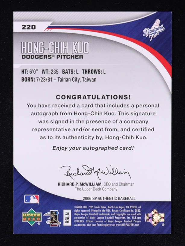 Hong-Chih Kuo 2006 SP Authentic #220 AU #531/899 RC at PristineAuction.com Hong-Chih Kuo 2006 SP Authentic #220 AU #531/899 RC at PristineAuction.com