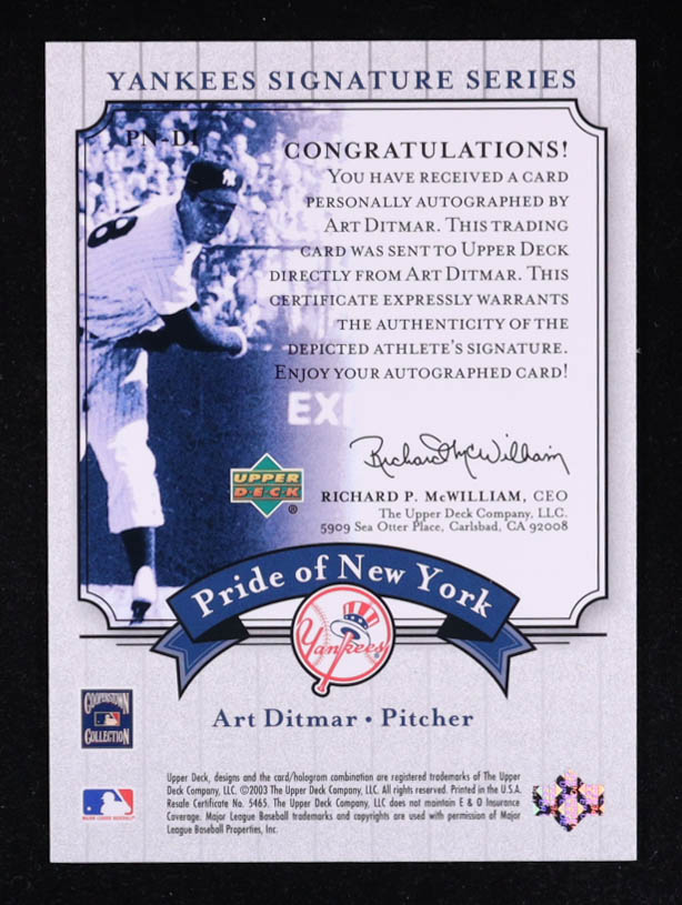 Art Ditmar 2003 Upper Deck Yankees Signature Pride of New York Autographs #DI at PristineAuction.com Art Ditmar 2003 Upper Deck Yankees Signature Pride of New York Autographs #DI at PristineAuction.com