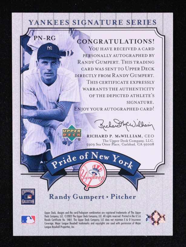 Randy Gumpert 2003 Upper Deck Yankees Signature Pride of New York Autographs #RG2 at PristineAuction.com Randy Gumpert 2003 Upper Deck Yankees Signature Pride of New York Autographs #RG2 at PristineAuction.com