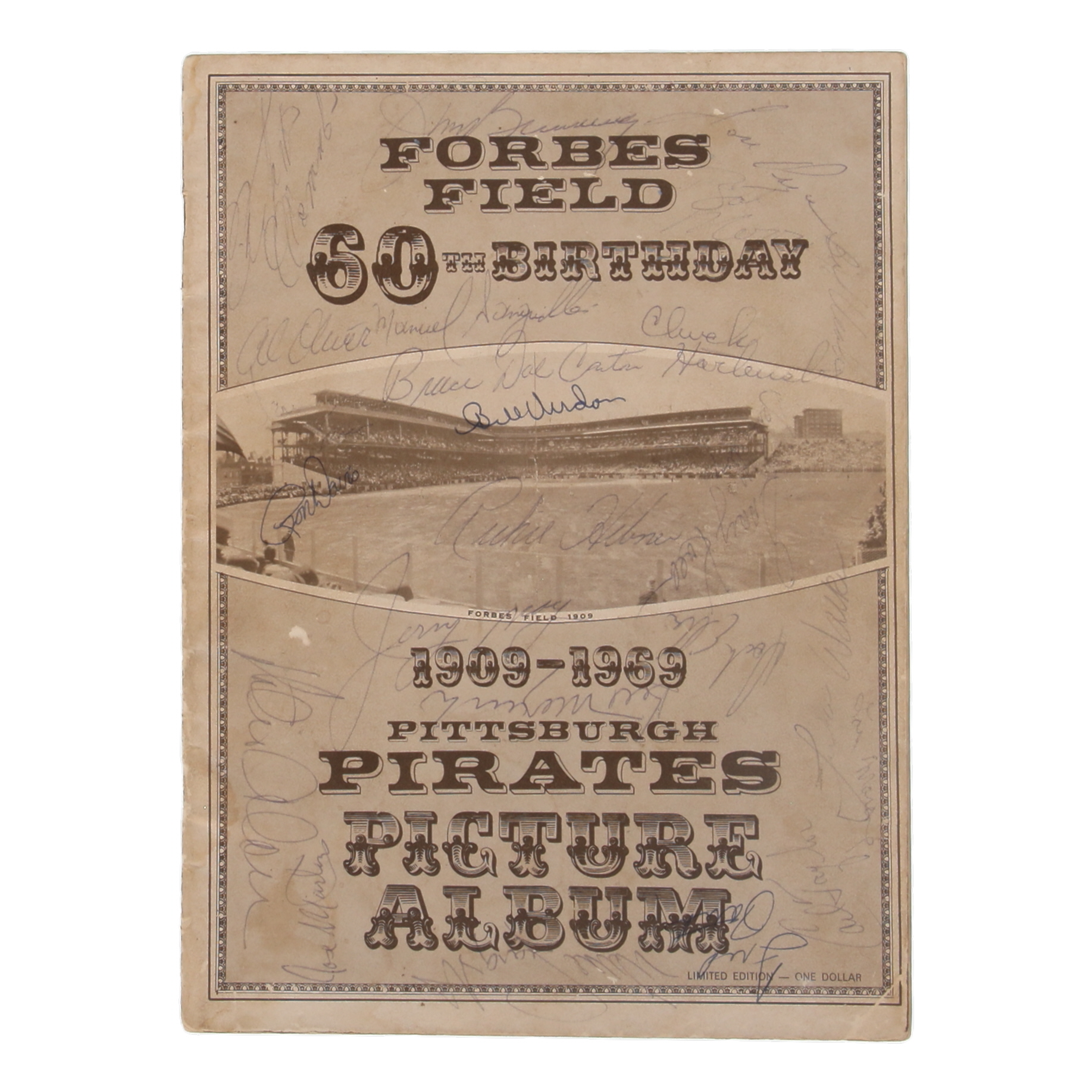 1909-1969 Forbes Field Program Signed by (24) with Al Oliver, Matty Alou, Bill Virdon, Roberto Clemente (PSA) at PristineAuction.com 1909-1969 Forbes Field Program Signed by (24) with Al Oliver, Matty Alou, Bill Virdon, Roberto Clemente (PSA) at PristineAuction.com