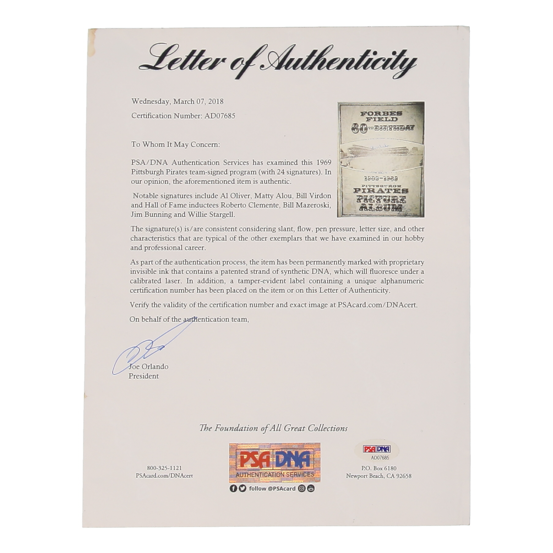 1909-1969 Forbes Field Program Signed by (24) with Al Oliver, Matty Alou, Bill Virdon, Roberto Clemente (PSA) at PristineAuction.com 1909-1969 Forbes Field Program Signed by (24) with Al Oliver, Matty Alou, Bill Virdon, Roberto Clemente (PSA) at PristineAuction.com