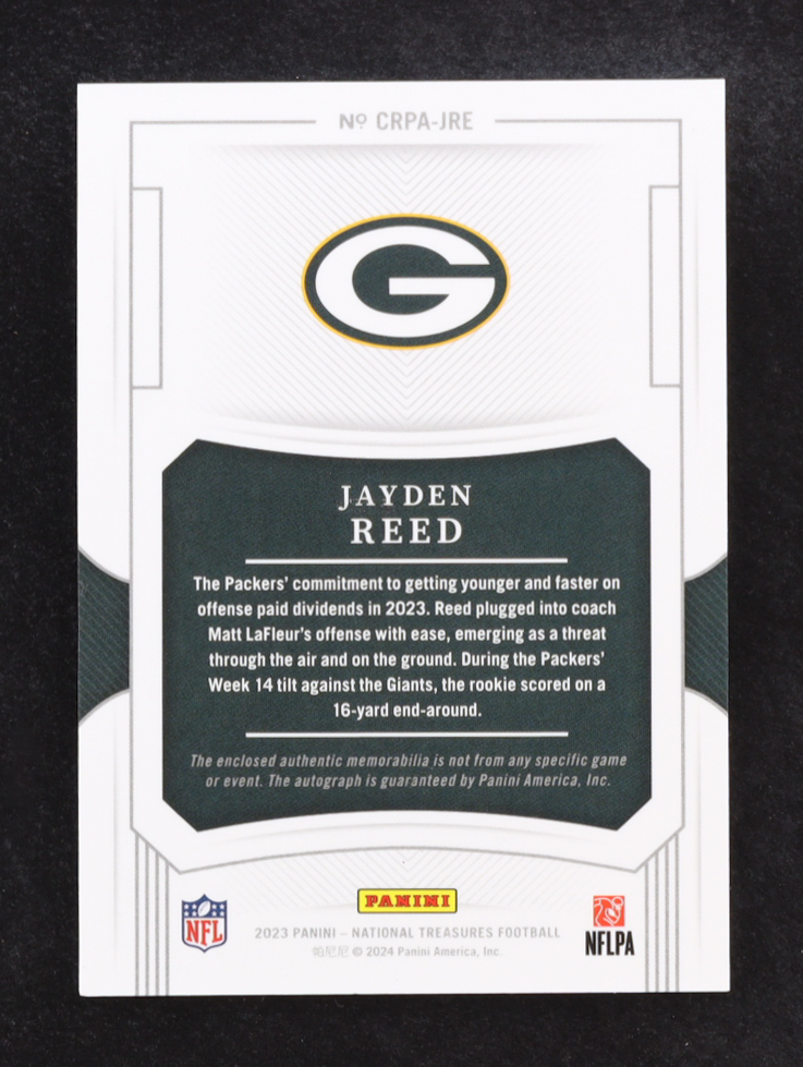 Jayden Reed 2023 Panini National Treasures Crossover Rookie Patch Autographs #14 RC #17/99 at PristineAuction.com Jayden Reed 2023 Panini National Treasures Crossover Rookie Patch Autographs #14 RC #17/99 at PristineAuction.com