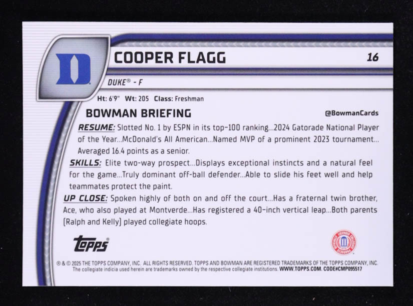 Cooper Flagg 2024-25 Bowman Chrome University Black Wave Refractors #16 RC at PristineAuction.com Cooper Flagg 2024-25 Bowman Chrome University Black Wave Refractors #16 RC at PristineAuction.com