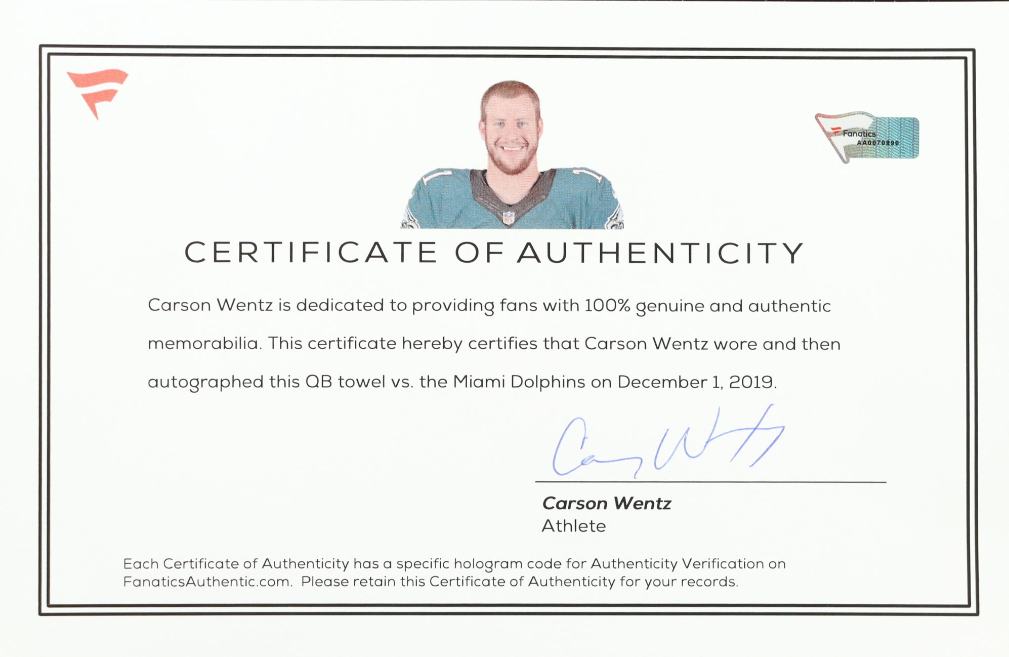 Carson Wentz Signed & Game-Used 2019 NFL QB Towel Inscribed "AO1" (Fanatics) at PristineAuction.com Carson Wentz Signed & Game-Used 2019 NFL QB Towel Inscribed "AO1" (Fanatics) at PristineAuction.com