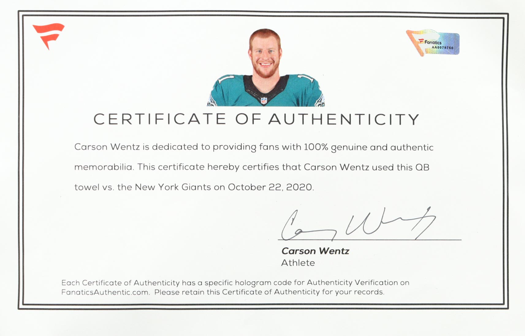 Carson Wentz 2020 Game-Used NFL QB Towel (Fanatics) at PristineAuction.com Carson Wentz 2020 Game-Used NFL QB Towel (Fanatics) at PristineAuction.com