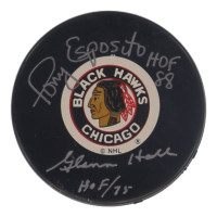 Tony Esposito & Glenn Hall Signed Blackhawks Logo Hockey Puck Inscribed "HOF 88" & "HOF / 75" (Beckett) at PristineAuction.com