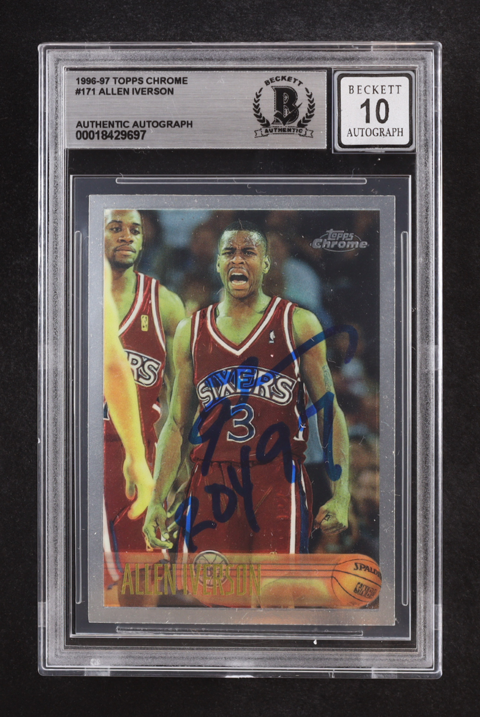 Allen Iverson Signed 1996-97 Topps Chrome #171 RC Inscribed "ROY 97" (Beckett | Auto Grade BGS 10) at PristineAuction.com Allen Iverson Signed 1996-97 Topps Chrome #171 RC Inscribed "ROY 97" (Beckett | Auto Grade BGS 10) at PristineAuction.com