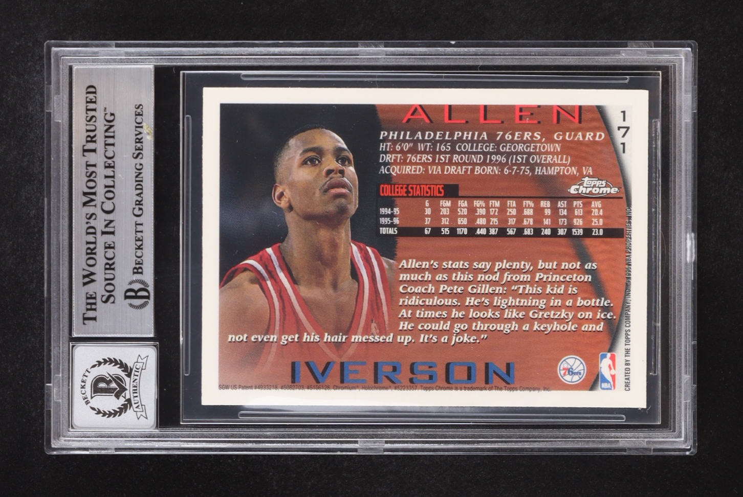 Allen Iverson Signed 1996-97 Topps Chrome #171 RC Inscribed "ROY 97" (Beckett | Auto Grade BGS 10) at PristineAuction.com Allen Iverson Signed 1996-97 Topps Chrome #171 RC Inscribed "ROY 97" (Beckett | Auto Grade BGS 10) at PristineAuction.com