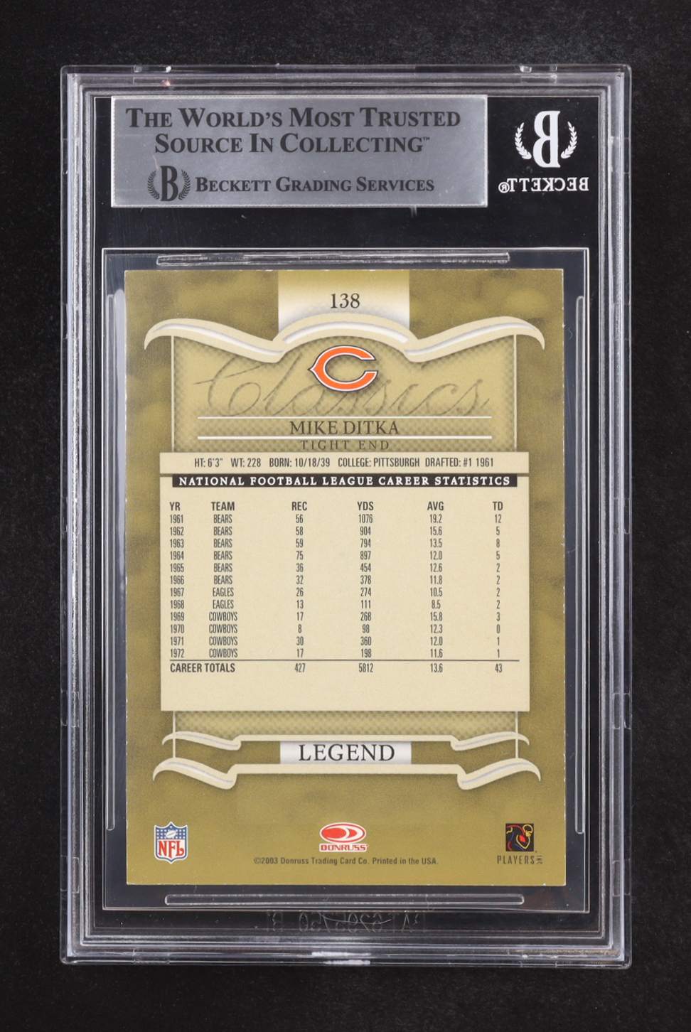Mike Ditka Signed 2003 Donruss Classics #138 Inscribed "H.O.F. 88" (Beckett | Auto Grade BGS Authentic) at PristineAuction.com Mike Ditka Signed 2003 Donruss Classics #138 Inscribed "H.O.F. 88" (Beckett | Auto Grade BGS Authentic) at PristineAuction.com