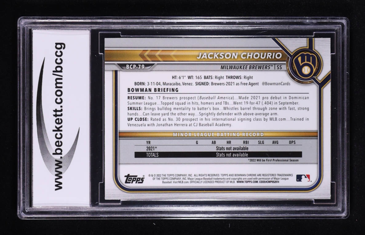 Jackson Chourio 2022 Bowman Chrome Mega Box Prospects #BCP79 RC (BCCG 10) at PristineAuction.com Jackson Chourio 2022 Bowman Chrome Mega Box Prospects #BCP79 RC (BCCG 10) at PristineAuction.com