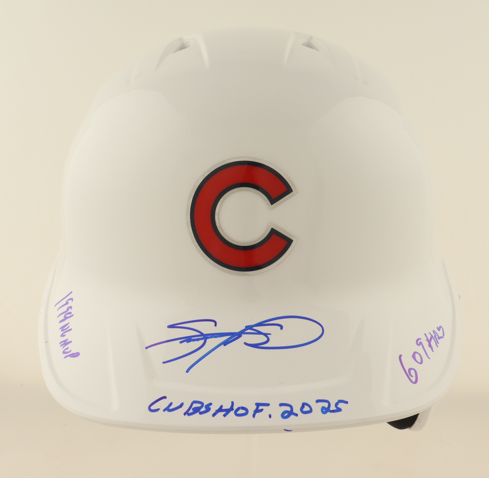 Sammy Sosa Signed Cubs Full-Size Batting Helmet with Display Stand with (3) Career Stat Inscriptions (Beckett) at PristineAuction.com Sammy Sosa Signed Cubs Full-Size Batting Helmet with Display Stand with (3) Career Stat Inscriptions (Beckett) at PristineAuction.com