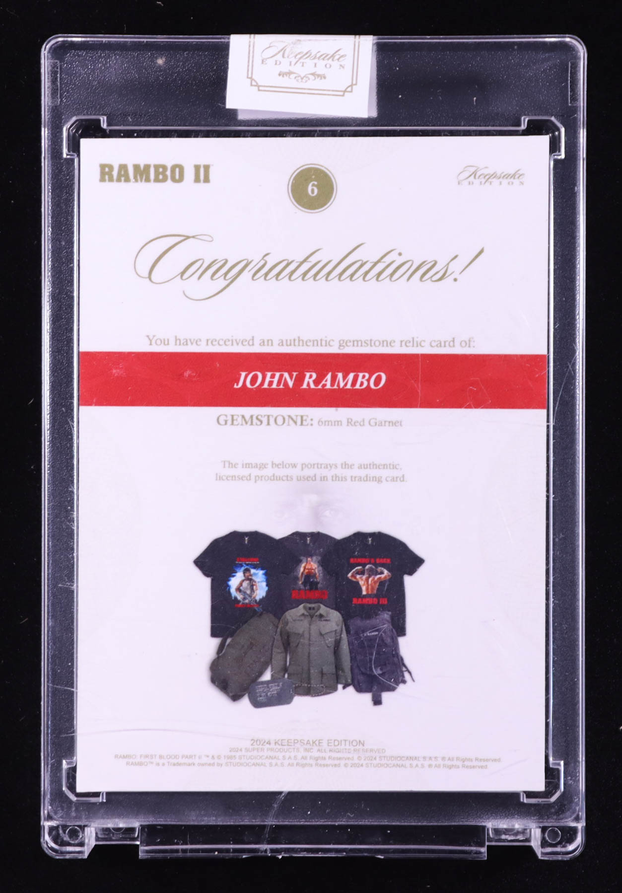 John Rambo 2024 Keepsake Edition Gemstone Relic Authentic Rambo II #6 #38/99 at PristineAuction.com John Rambo 2024 Keepsake Edition Gemstone Relic Authentic Rambo II #6 #38/99 at PristineAuction.com