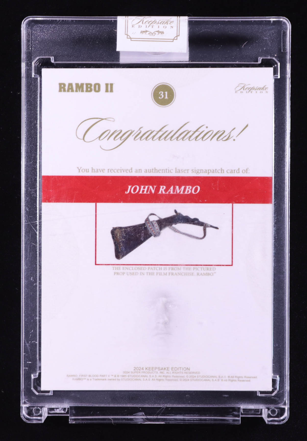 John Rambo 2024 Keepsake Edition Laser Signapatch Authentic Rambo II #31 #16/99 at PristineAuction.com John Rambo 2024 Keepsake Edition Laser Signapatch Authentic Rambo II #31 #16/99 at PristineAuction.com