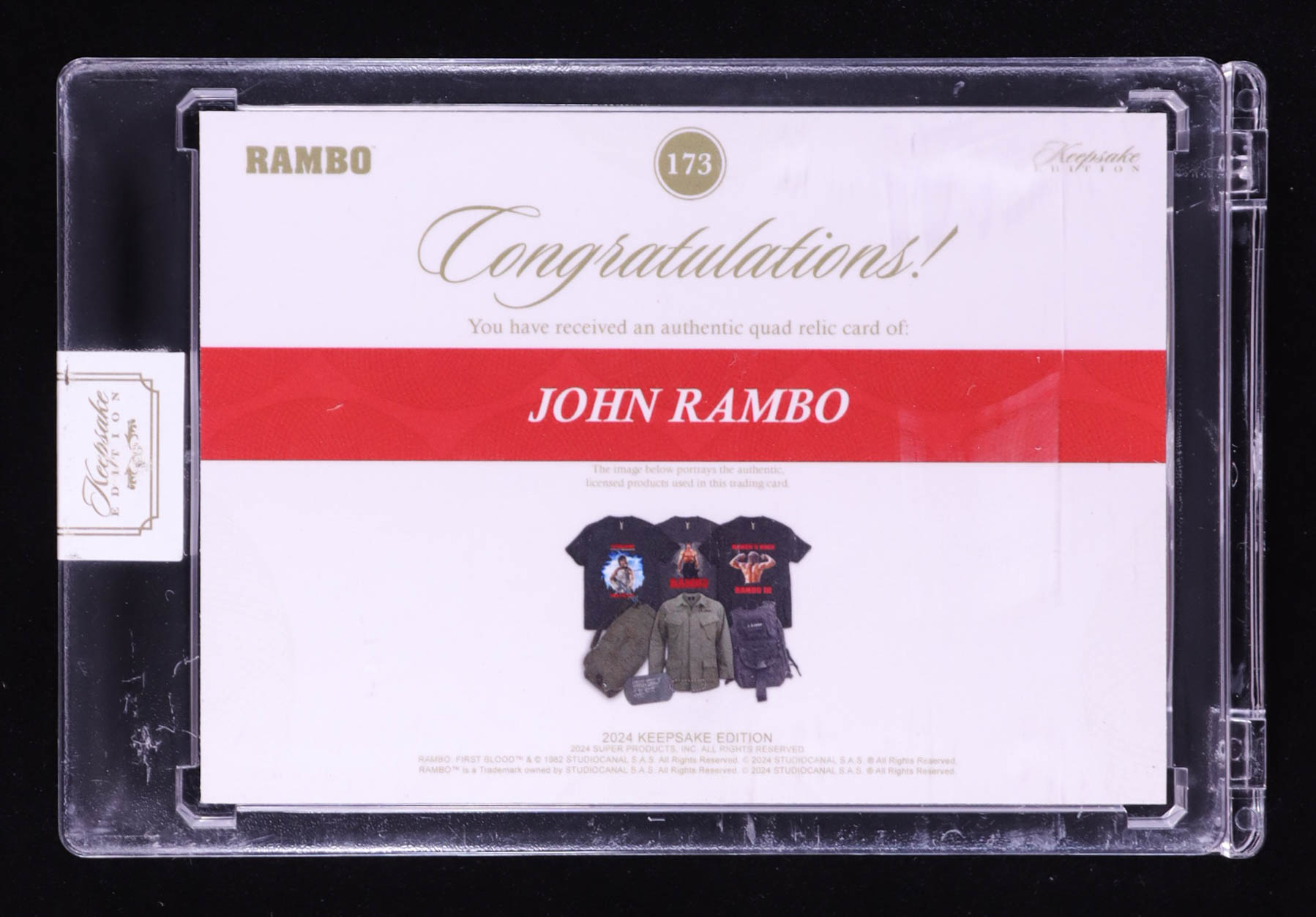John Rambo 2024 Keepsake Edition Quadruple Relic Authentic Rambo #173 #18/50 at PristineAuction.com John Rambo 2024 Keepsake Edition Quadruple Relic Authentic Rambo #173 #18/50 at PristineAuction.com