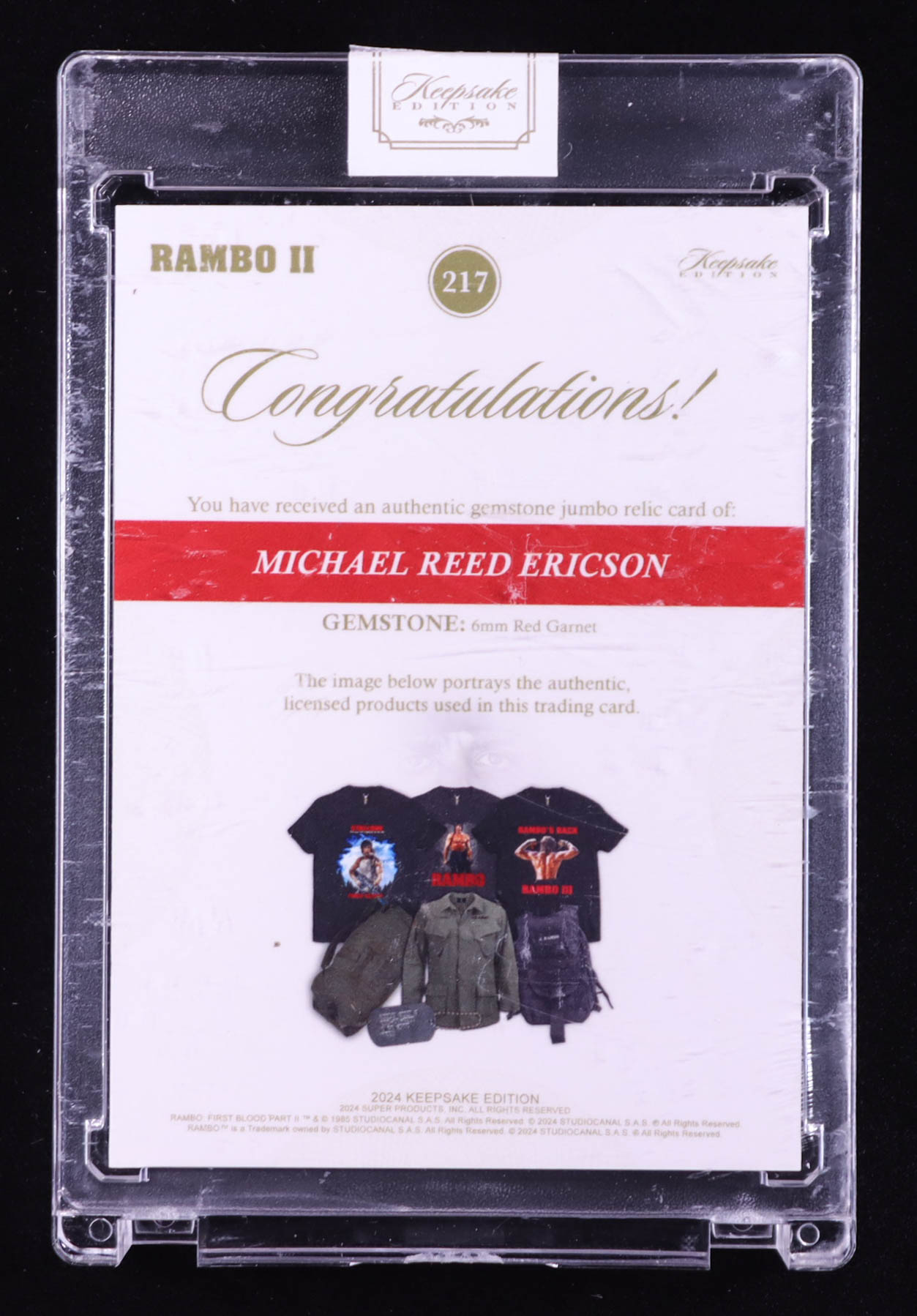 Michael Reed Ericson 2024 Keepsake Edition Gemstone Jumbo Relic Authentic Rambo II #217 #34/50 at PristineAuction.com Michael Reed Ericson 2024 Keepsake Edition Gemstone Jumbo Relic Authentic Rambo II #217 #34/50 at PristineAuction.com