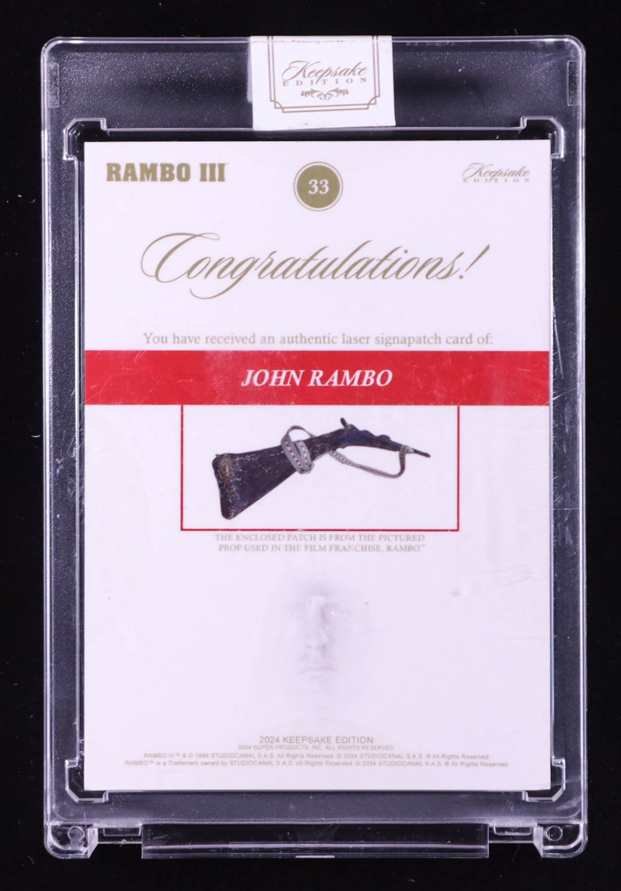 John Rambo 2024 Keepsake Edition Laser Signapatch Authentic Rambo III #33 #46/99 at PristineAuction.com John Rambo 2024 Keepsake Edition Laser Signapatch Authentic Rambo III #33 #46/99 at PristineAuction.com