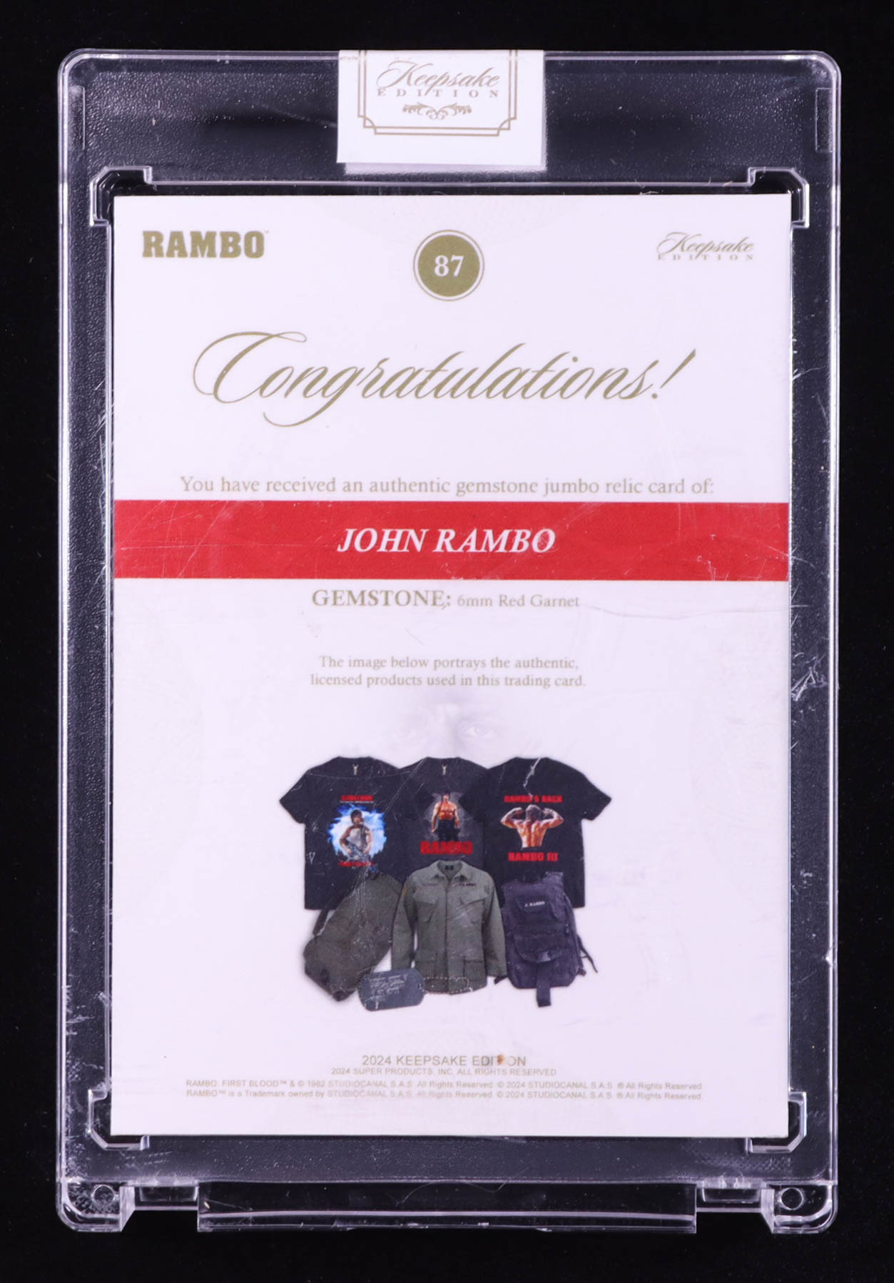 John Rambo 2024 Keepsake Edition Gemstone Jumbo Relic Authentic Rambo #184 #30/50 at PristineAuction.com John Rambo 2024 Keepsake Edition Gemstone Jumbo Relic Authentic Rambo #184 #30/50 at PristineAuction.com