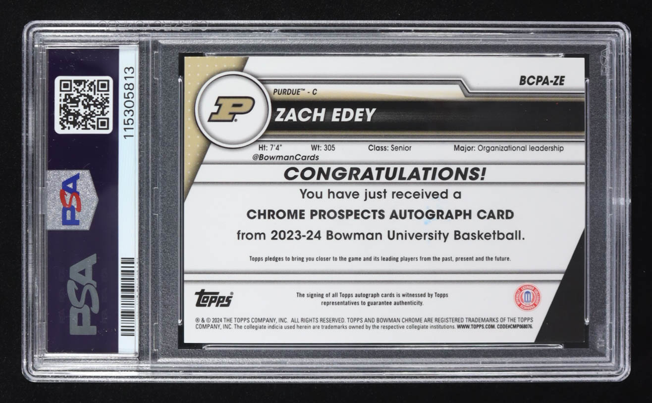 Zach Edey 2023-24 Bowman Chrome University Prospect Autographs #BCPAZE RC (PSA 9) at PristineAuction.com Zach Edey 2023-24 Bowman Chrome University Prospect Autographs #BCPAZE RC (PSA 9) at PristineAuction.com