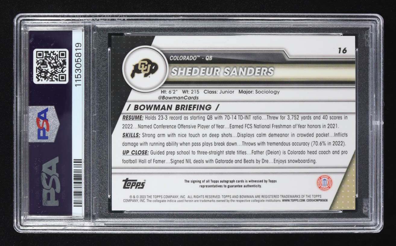 Shedeur Sanders 2023 Bowman Chrome University Autographs #16 RC (PSA 9) at PristineAuction.com Shedeur Sanders 2023 Bowman Chrome University Autographs #16 RC (PSA 9) at PristineAuction.com