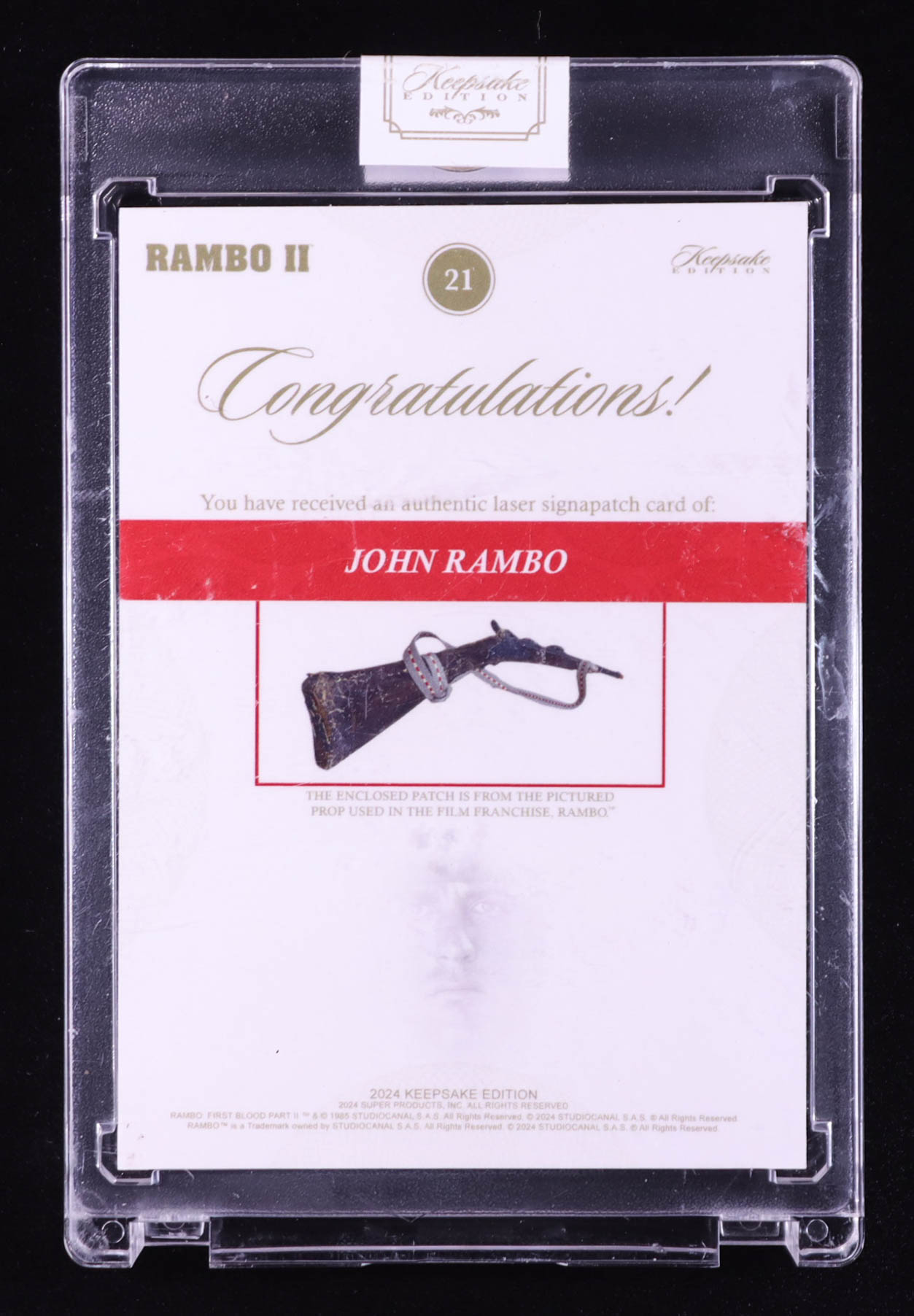 John Rambo 2024 Keepsake Edition Laser Signapatch Authentic Rambo II #21 #55/99 at PristineAuction.com John Rambo 2024 Keepsake Edition Laser Signapatch Authentic Rambo II #21 #55/99 at PristineAuction.com