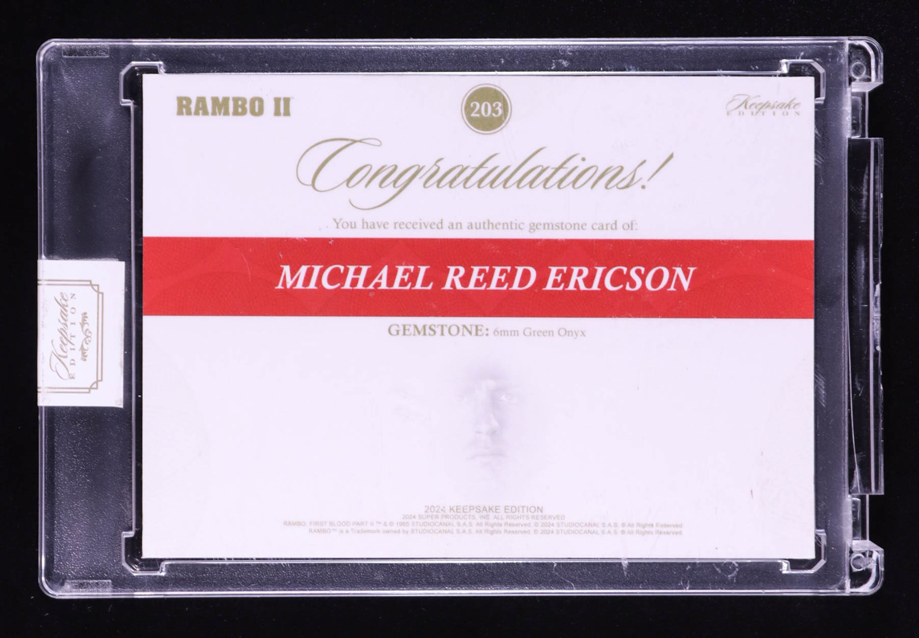 Michael Reed Ericson 2024 Keepsake Edition Gemstone Relic Legendary Laser Signatures Authentic Rambo II #203 #31/50 at PristineAuction.com Michael Reed Ericson 2024 Keepsake Edition Gemstone Relic Legendary Laser Signatures Authentic Rambo II #203 #31/50 at PristineAuction.com