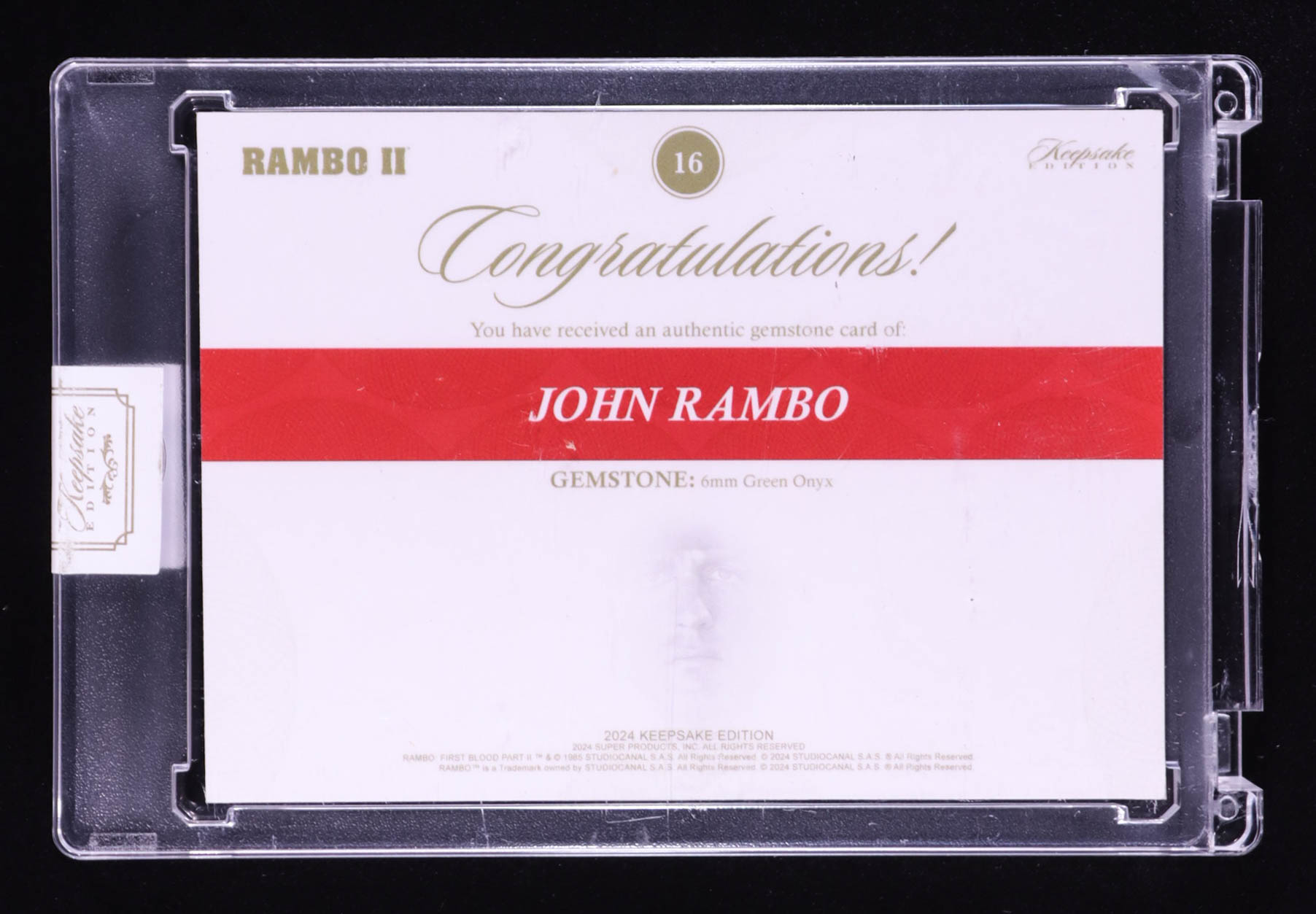 John Rambo 2024 Keepsake Edition Gemstone Legendary Laser Signatures Authentic Rambo #16 #55/99 at PristineAuction.com John Rambo 2024 Keepsake Edition Gemstone Legendary Laser Signatures Authentic Rambo #16 #55/99 at PristineAuction.com