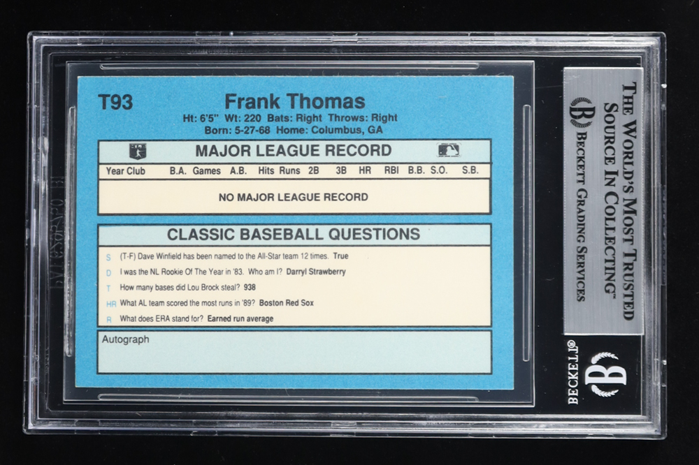 Frank Thomas Signed 1990 Classic Yellow #T93 RC (BGS) at PristineAuction.com Frank Thomas Signed 1990 Classic Yellow #T93 RC (BGS) at PristineAuction.com