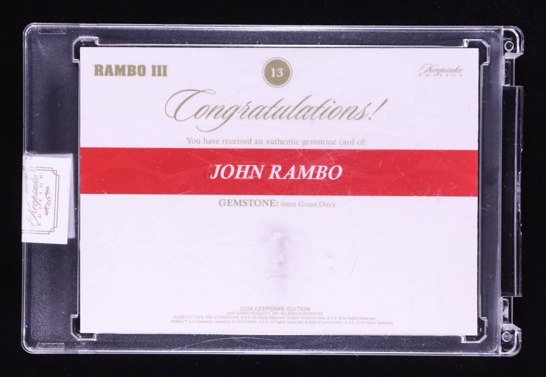 John Rambo 2024 Keepsake Edition Gemstone Legendary Laser Signatures Authentic Rambo III #13 #38/99 at PristineAuction.com John Rambo 2024 Keepsake Edition Gemstone Legendary Laser Signatures Authentic Rambo III #13 #38/99 at PristineAuction.com
