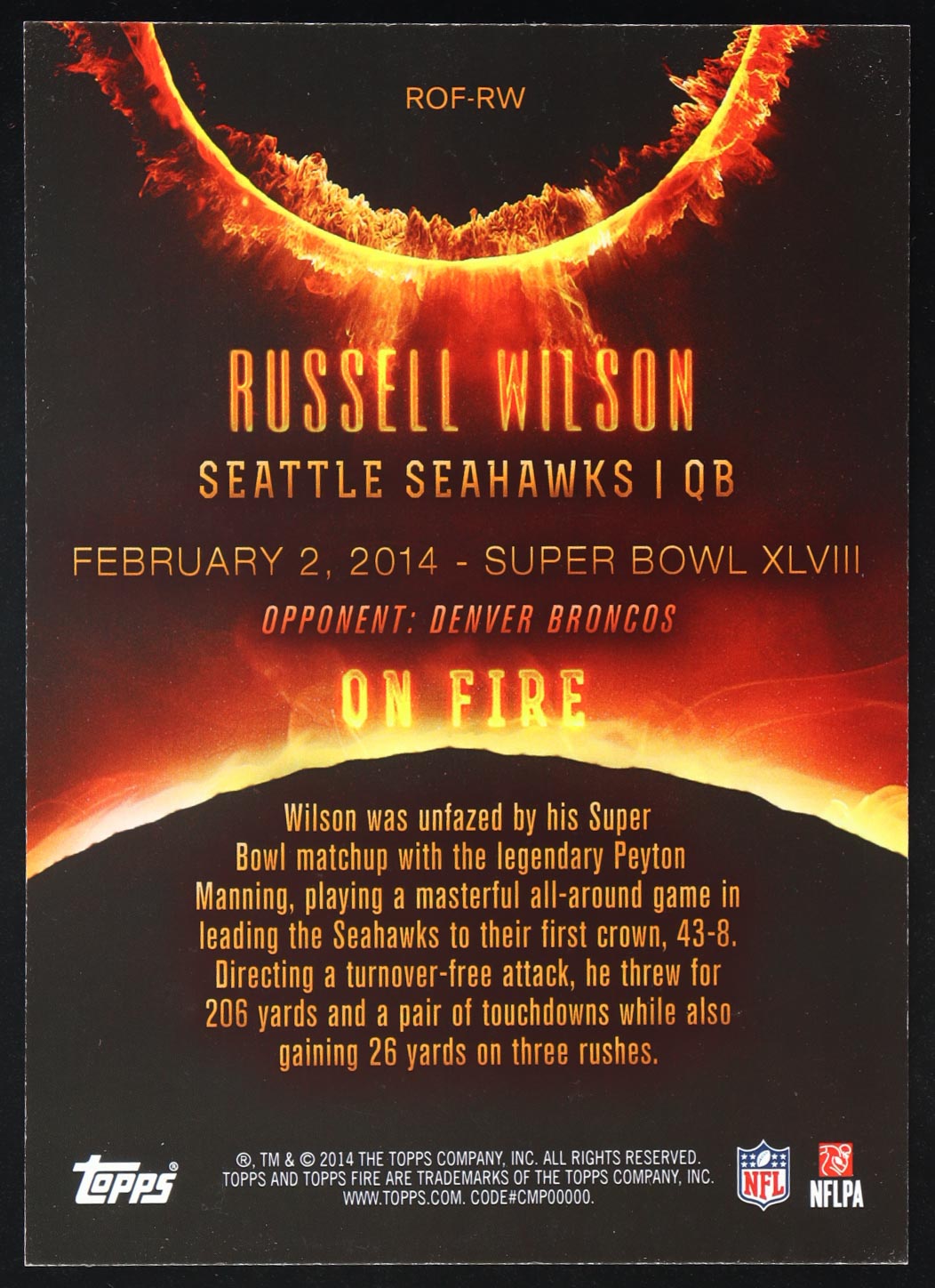 Russell Wilson 2014 Topps Fire 5x7 Ring of Fire #ROFRW #8/99 at PristineAuction.com Russell Wilson 2014 Topps Fire 5x7 Ring of Fire #ROFRW #8/99 at PristineAuction.com