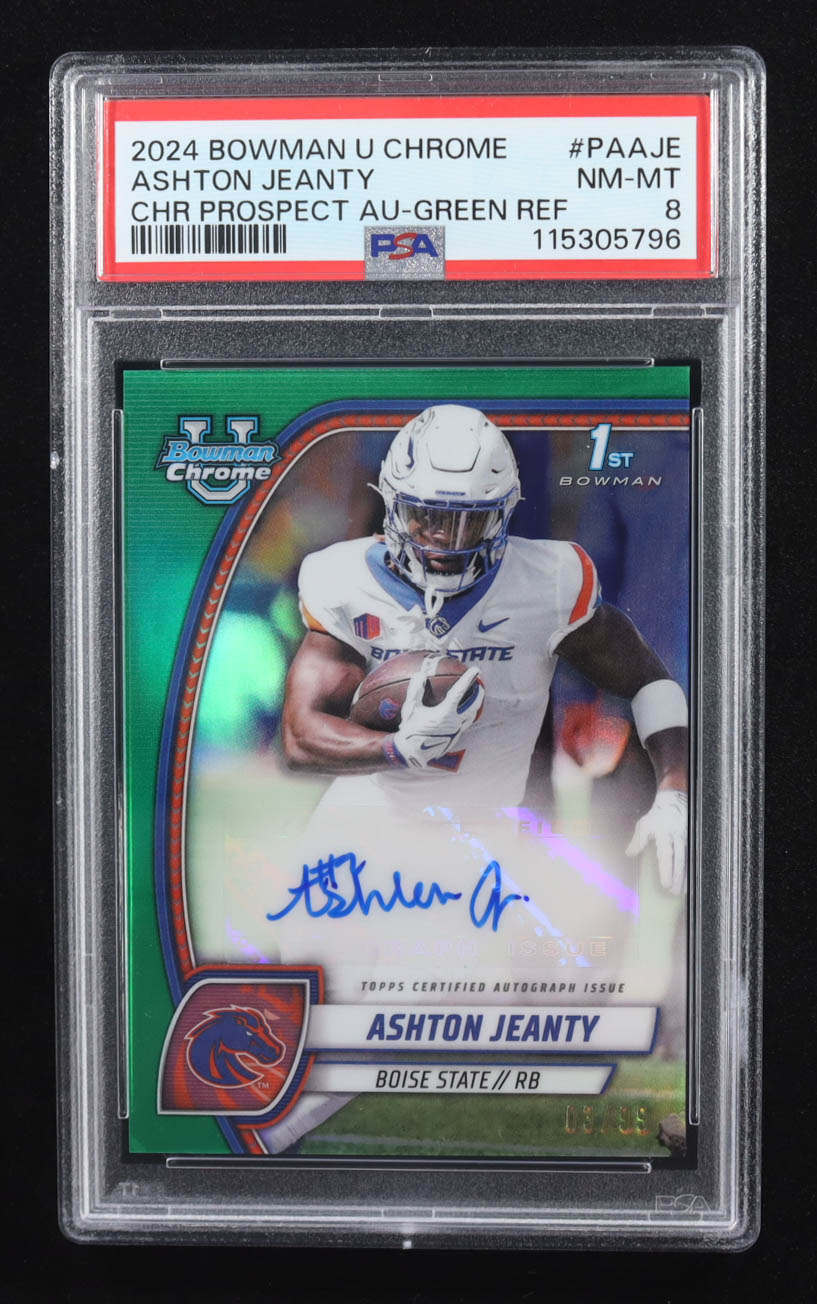 Ashton Jeanty 2024 Bowman Chrome University Prospect Autographs Green Refractors #PAAJE #03/99 RC (PSA 8) at PristineAuction.com Ashton Jeanty 2024 Bowman Chrome University Prospect Autographs Green Refractors #PAAJE #03/99 RC (PSA 8) at PristineAuction.com