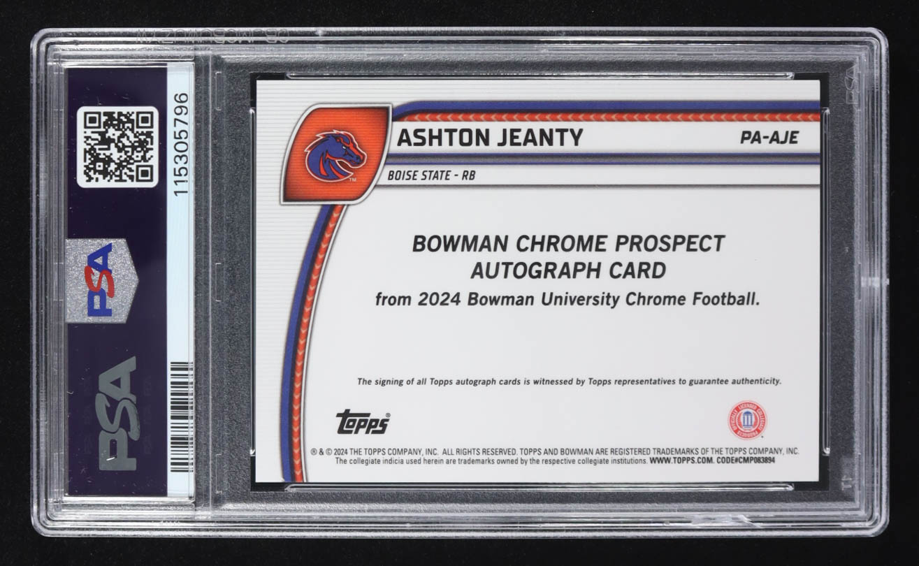 Ashton Jeanty 2024 Bowman Chrome University Prospect Autographs Green Refractors #PAAJE #03/99 RC (PSA 8) at PristineAuction.com Ashton Jeanty 2024 Bowman Chrome University Prospect Autographs Green Refractors #PAAJE #03/99 RC (PSA 8) at PristineAuction.com