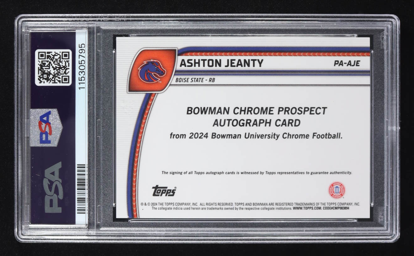 Ashton Jeanty 2024 Bowman Chrome University Prospect Autographs Fuchsia Refractors #PAAJE RC (PSA 10) at PristineAuction.com Ashton Jeanty 2024 Bowman Chrome University Prospect Autographs Fuchsia Refractors #PAAJE RC (PSA 10) at PristineAuction.com