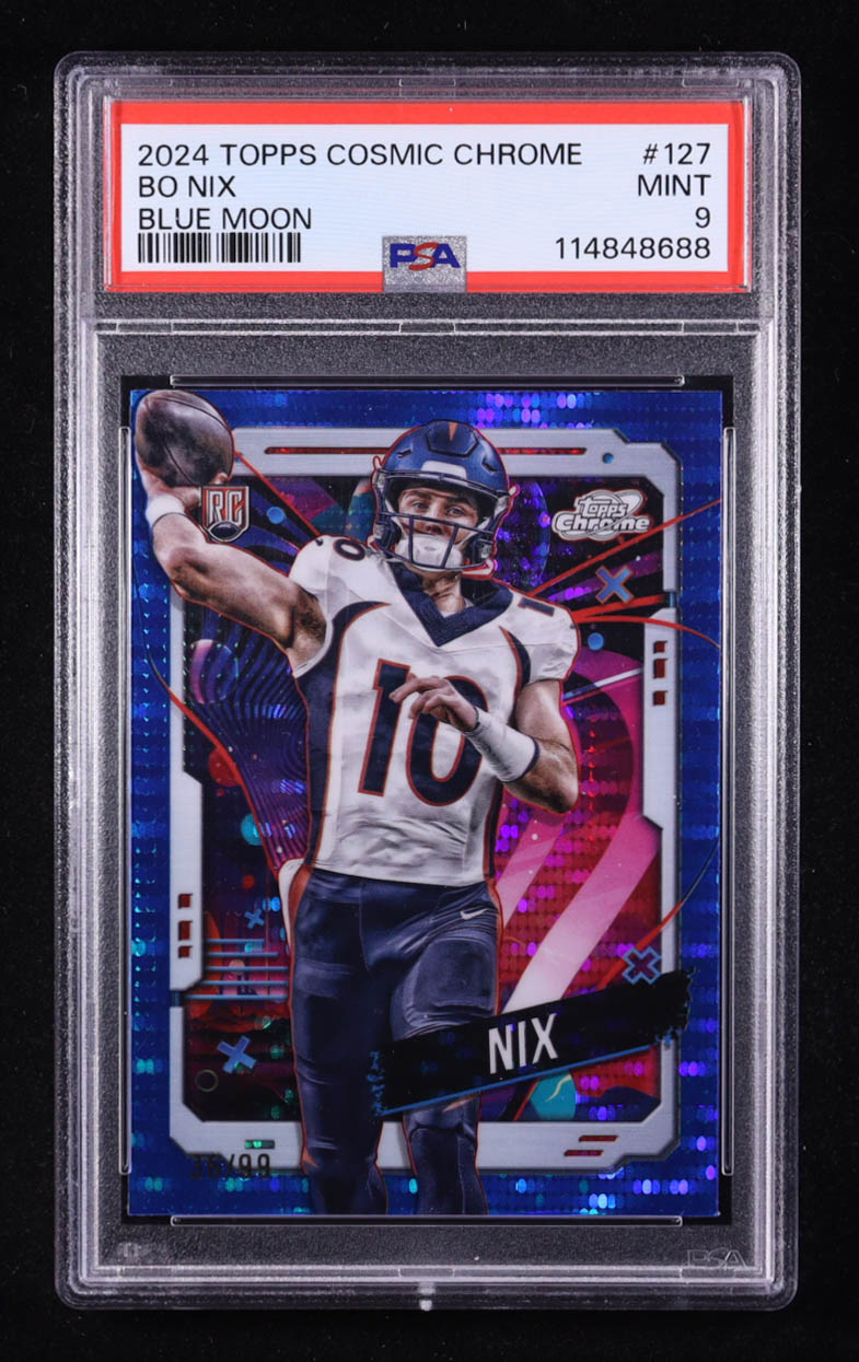 Bo Nix 2024 Topps Cosmic Chrome Blue Moon Refractors #127 RC #36/99 (PSA 9) at PristineAuction.com Bo Nix 2024 Topps Cosmic Chrome Blue Moon Refractors #127 RC #36/99 (PSA 9) at PristineAuction.com