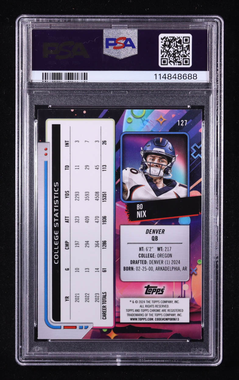 Bo Nix 2024 Topps Cosmic Chrome Blue Moon Refractors #127 RC #36/99 (PSA 9) at PristineAuction.com Bo Nix 2024 Topps Cosmic Chrome Blue Moon Refractors #127 RC #36/99 (PSA 9) at PristineAuction.com