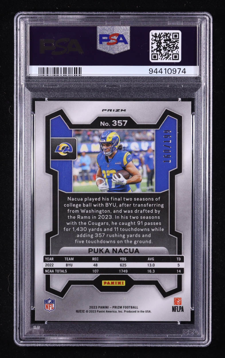 Puka Nacua 2023 Panini Prizm Prizms Blue Wave #357 #160/199 RC (PSA 9) at PristineAuction.com Puka Nacua 2023 Panini Prizm Prizms Blue Wave #357 #160/199 RC (PSA 9) at PristineAuction.com