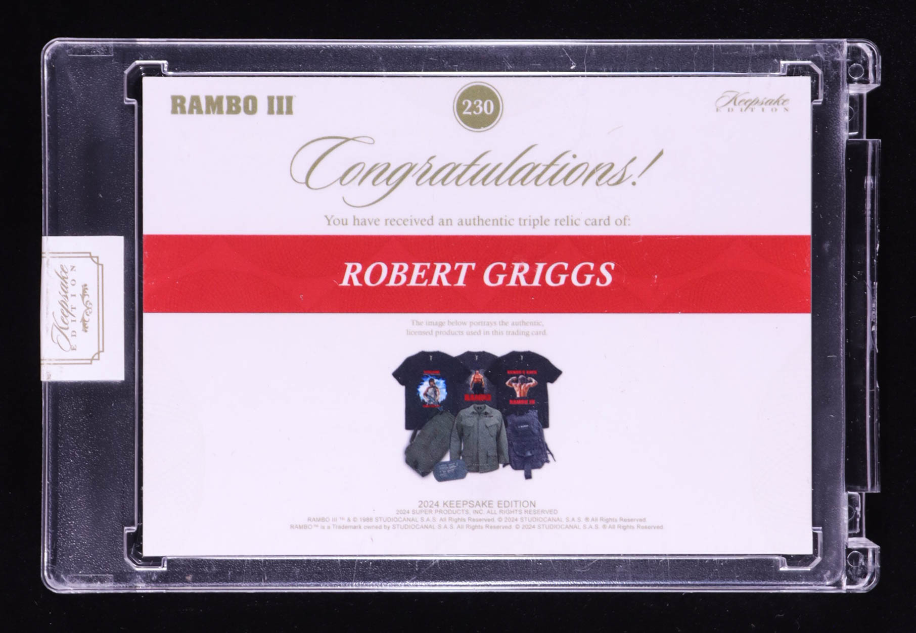 Robert Griggs 2024 Keepsake Edition Triple Relic Authentic Rambo III #230 #37/50 at PristineAuction.com Robert Griggs 2024 Keepsake Edition Triple Relic Authentic Rambo III #230 #37/50 at PristineAuction.com