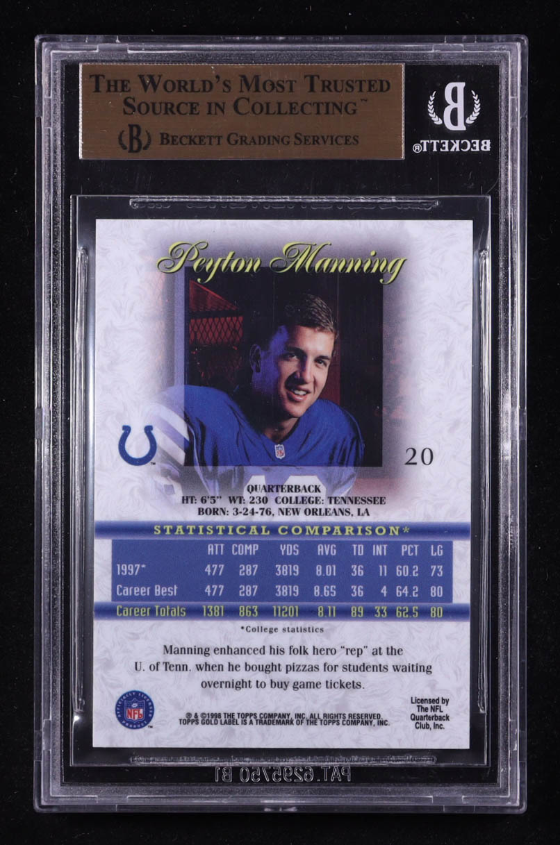Peyton Manning 1998 Topps Gold Label Class 1 #20 RC (BGS 9.5) at PristineAuction.com Peyton Manning 1998 Topps Gold Label Class 1 #20 RC (BGS 9.5) at PristineAuction.com