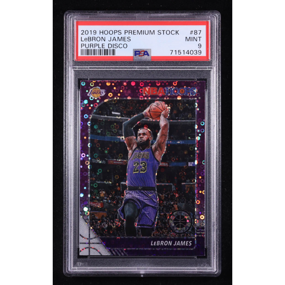 LeBron James 2019-20 Hoops Premium Stock Purple Disco #87 (PSA 9) at PristineAuction.com