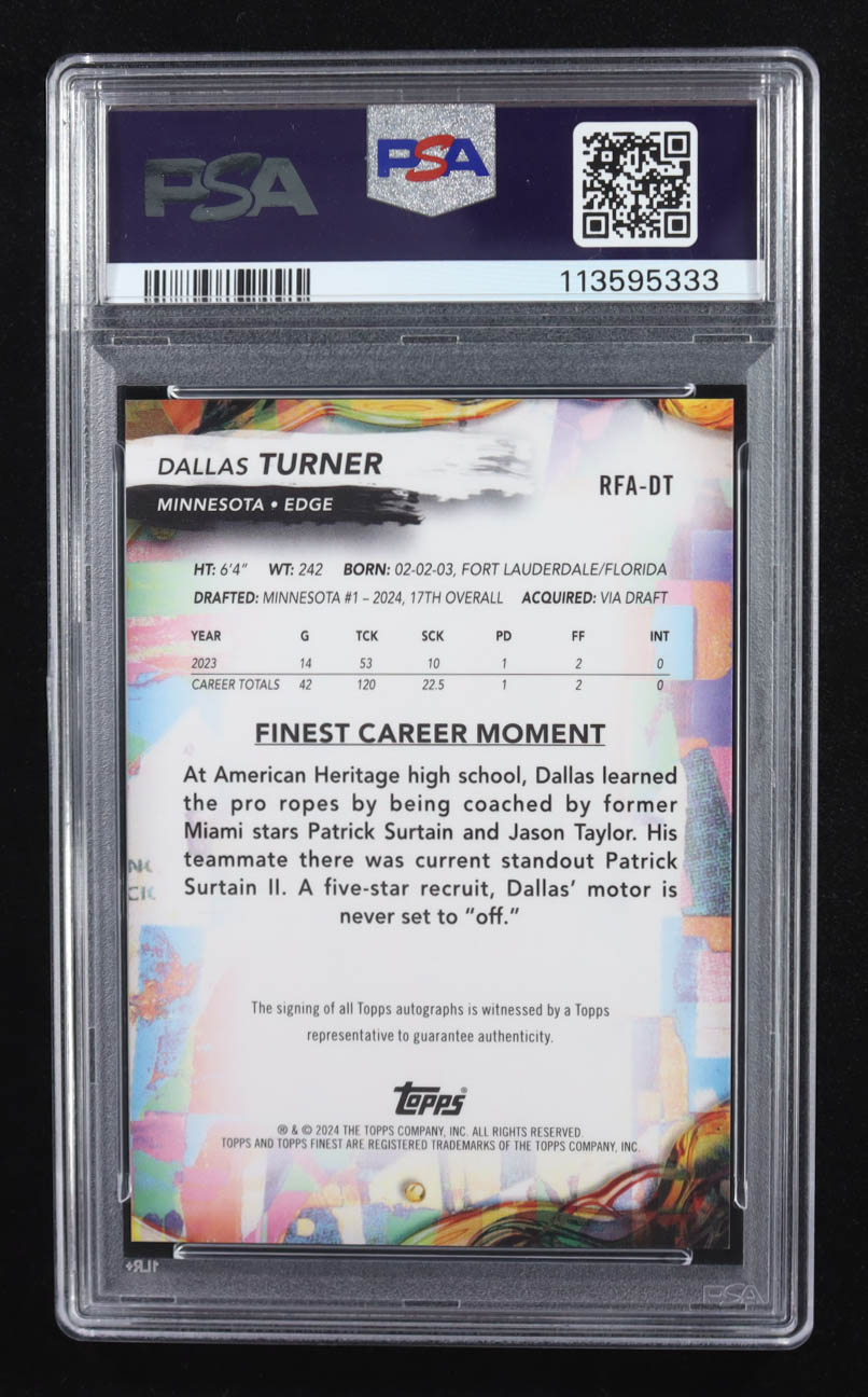 Dallas Turner 2024 Finest Rookie Autographs #RFADT RC (PSA 9 | Auto Grade PSA 10) at PristineAuction.com Dallas Turner 2024 Finest Rookie Autographs #RFADT RC (PSA 9 | Auto Grade PSA 10) at PristineAuction.com