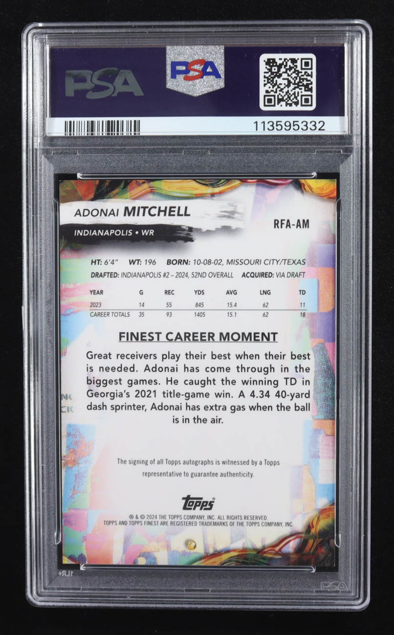 Adonai Mitchell 2024 Finest Rookie Autographs #RFAAM RC (PSA 9 | Auto Grade PSA 10) at PristineAuction.com Adonai Mitchell 2024 Finest Rookie Autographs #RFAAM RC (PSA 9 | Auto Grade PSA 10) at PristineAuction.com