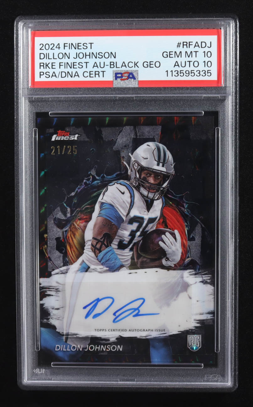 Dillon Johnson 2024 Finest Rookie Autographs Black Geometric Refractors #RFADJ #21/25 RC (PSA 10 | Auto Grade PSA 10) at PristineAuction.com Dillon Johnson 2024 Finest Rookie Autographs Black Geometric Refractors #RFADJ #21/25 RC (PSA 10 | Auto Grade PSA 10) at PristineAuction.com