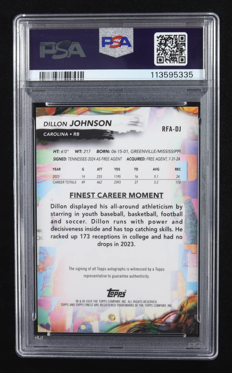 Dillon Johnson 2024 Finest Rookie Autographs Black Geometric Refractors #RFADJ #21/25 RC (PSA 10 | Auto Grade PSA 10) at PristineAuction.com Dillon Johnson 2024 Finest Rookie Autographs Black Geometric Refractors #RFADJ #21/25 RC (PSA 10 | Auto Grade PSA 10) at PristineAuction.com